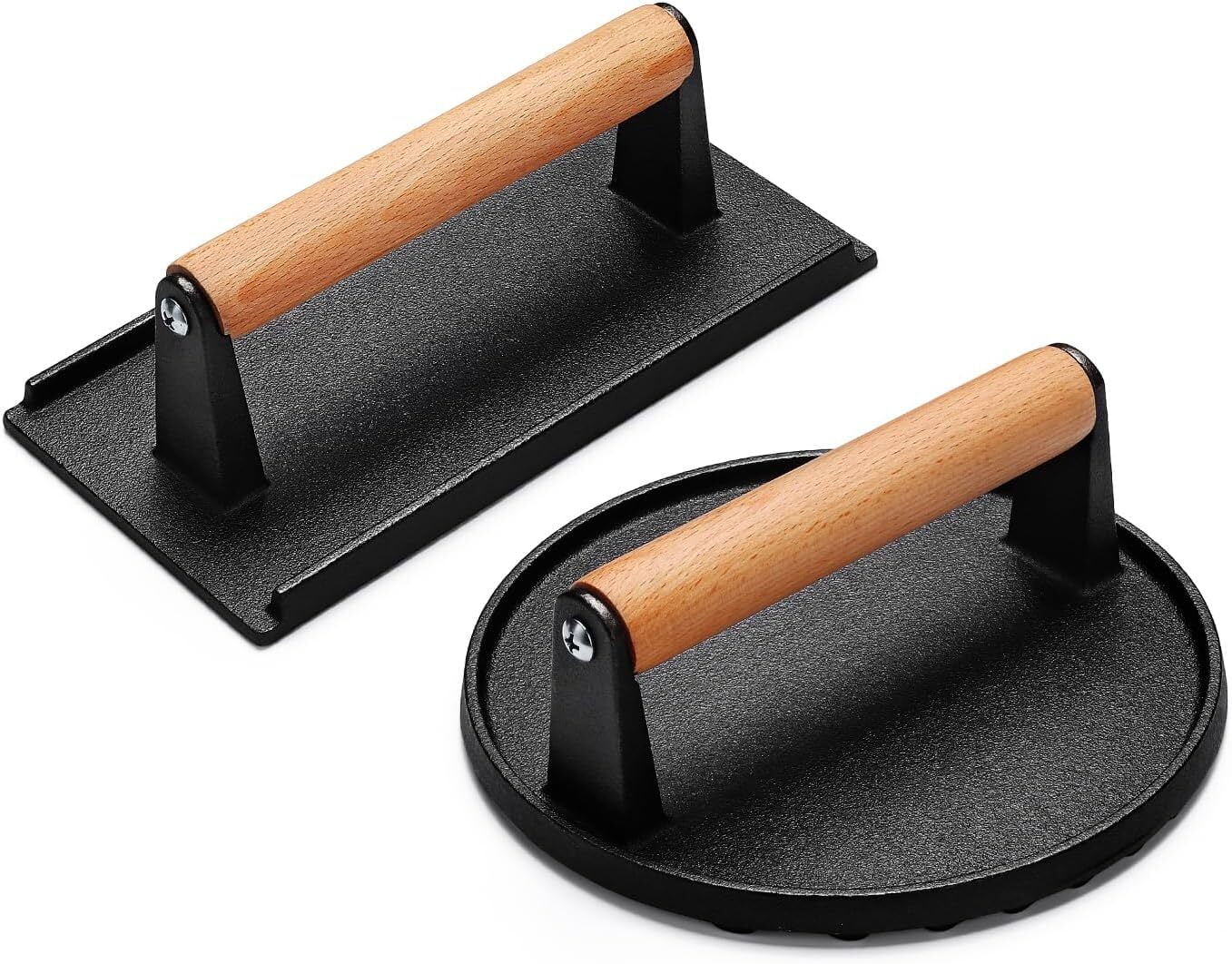 Smash Burger Press, ANUNU 7" Round and 8.2"X4.3" Rectangular Heavy Duty Cast iron Smash Bacon Press Steak Press with Wooden Handle for Grill Pans, Sandwiches, Panini, Non Stick Pans