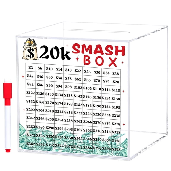 Smashable Money for 10K / 20K , Clear Acrylic Collection Box Savings Challenge Break Open