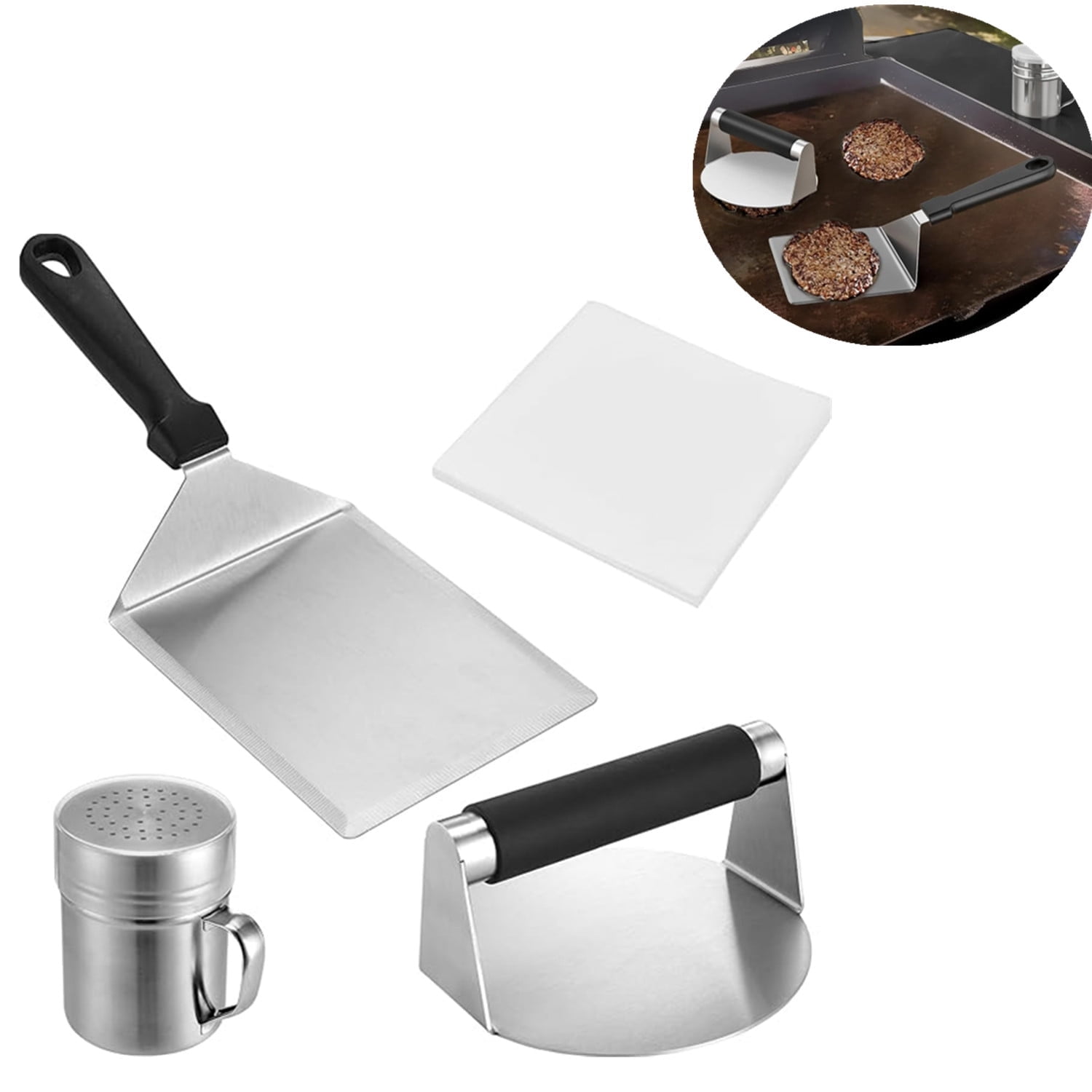 Smashed Burger Press Kit with Stainless Steel Press, Grill Spatula, Seasoning Shaker & Hamburger Patty Papers - Perfect for Blackstone Griddle, BBQs