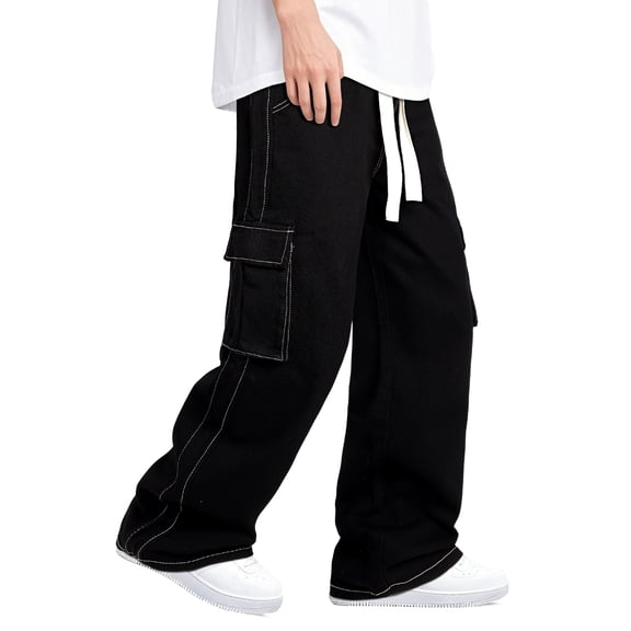 Smawell Men Cargo Pants, Wide Leg Washed Denim Look Pants, Elastic Drawstring Waist Multi‑Pocket Loose Fit Casual Trousers for Daily Streetwear