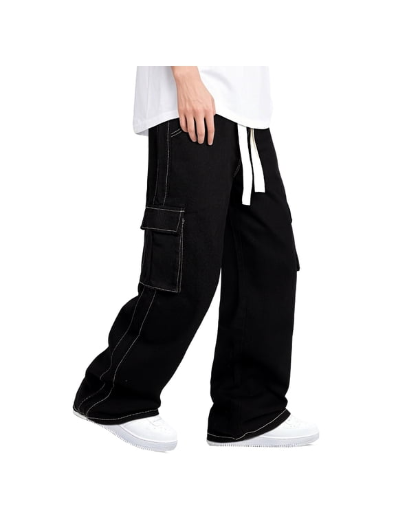 Men Cargo Pants, Wide Leg Washed Denim Look Pants, Elastic Drawstring Waist Multi‑Pocket Loose Fit Casual Trousers for Daily Streetwear