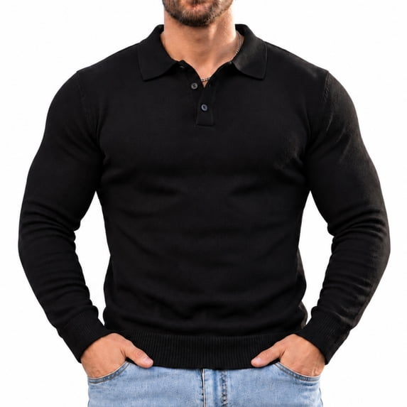 Smawell Men's Long Sleeve Polo Shirt, Black Knit Polo Sweater, Soft Knit with Classic Collar, Button Placket & Ribbed Cuffs for Work Office Casual Wear