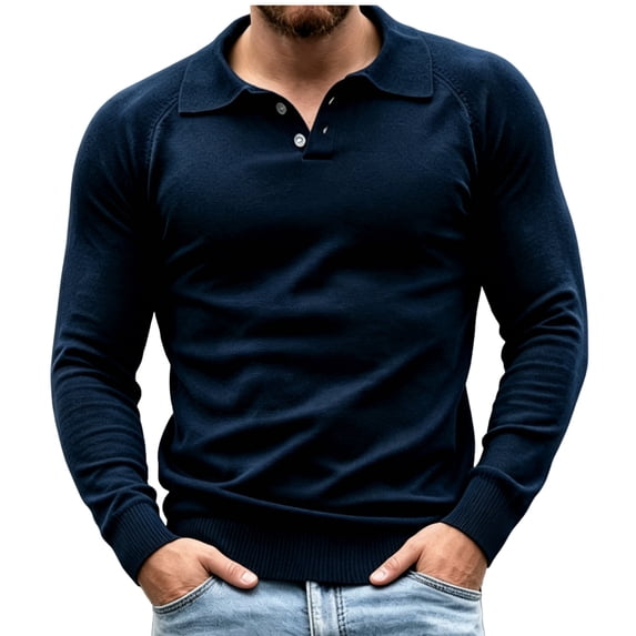 Smawell Men's Polo Sweater, Long Sleeve Knit Pullover with Ribbed Cuffs for Business Casual Wear, Navy Blue