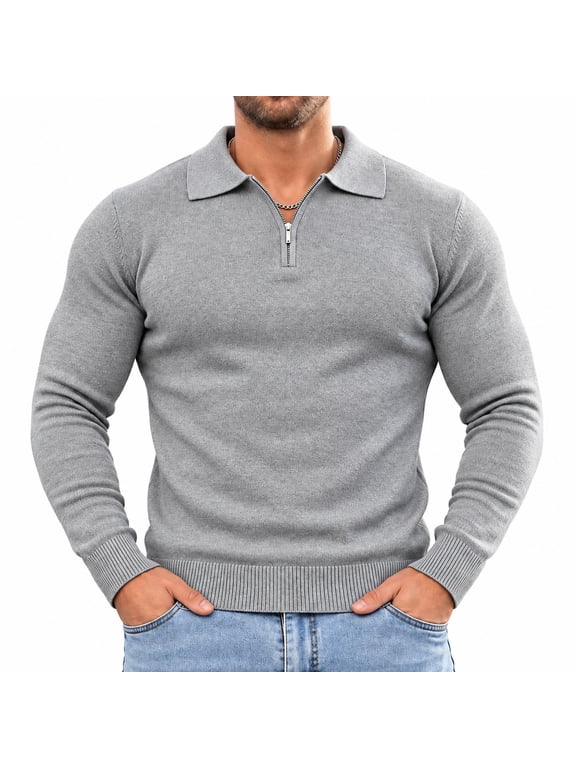 Men's Quarter Zip Sweater, Knit Polo Pullover, Long Sleeve Slim Fit Collared Casual Sweater for Work, Travel & Everyday Wear, Gray