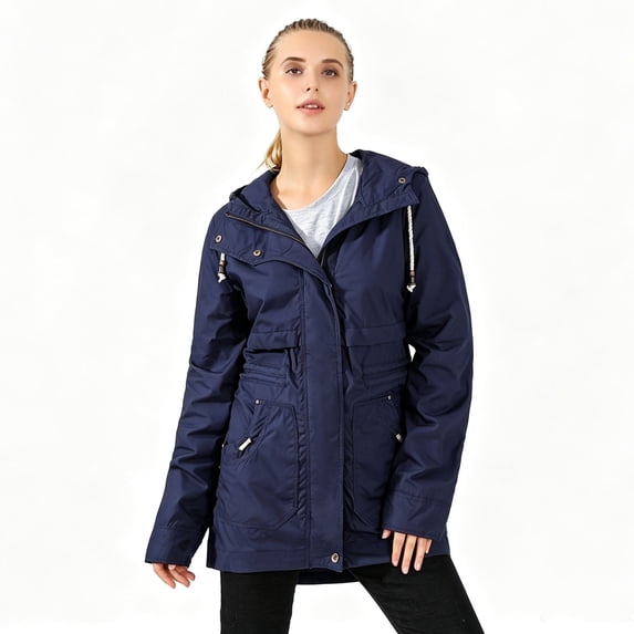 Smawell Women's Mid Length Hooded Parka Windbreaker Jacket, Casual Drawstring Waist Utility Coat with Multi Pockets, Lightweight Windproof Outdoor Trench Coat for Fall Spring