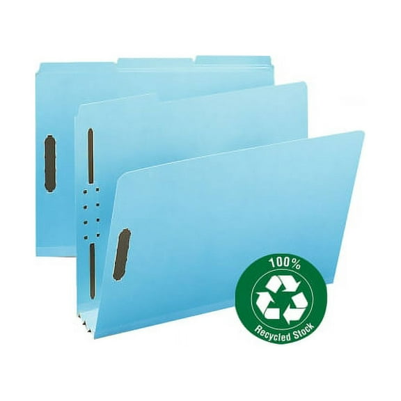 Smead 100% Recycled Pressboard Fastener File Folder 1/3-Cut Tab, 3" Expansion, Letter Size, Blue, 25 per Box (15002)