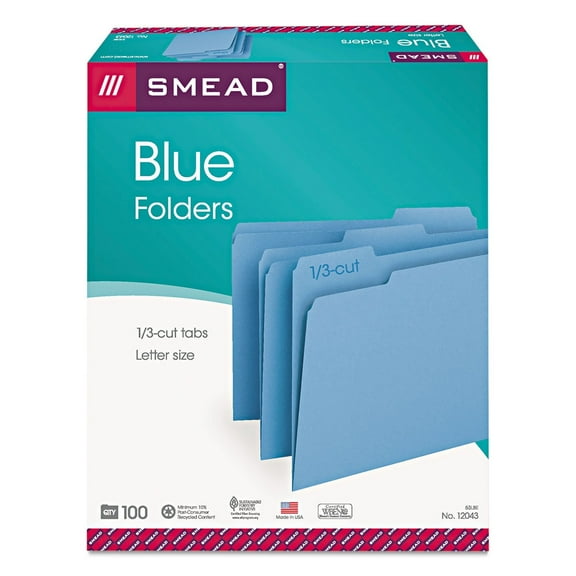 Smead(R) Color File Folders, Letter Size, 1/3 Cut, Blue, Box Of 100, 53LBE