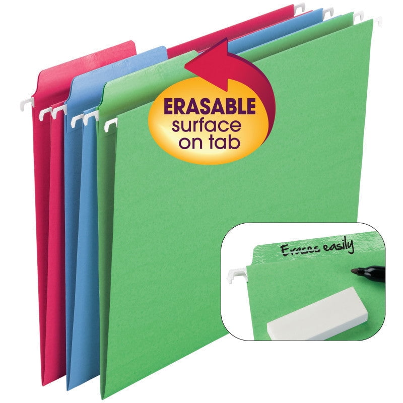 Smead Erasable FasTab Hanging File Folder, 1/3-Cut Built-In Tab, Letter Size, Assorted Colors, 18 per Box (64031)