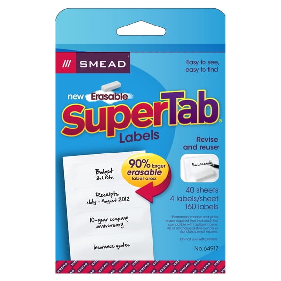 Smead Erasable SuperTab® File Folder Labels, White, 160 labels per Pack (64917)
