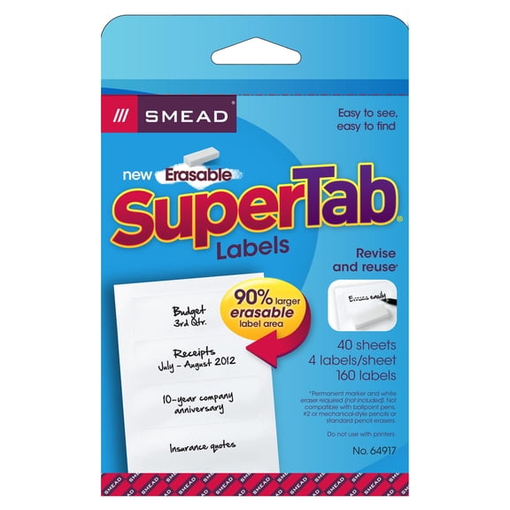Smead Erasable SuperTab File Folder Labels, White, 160 labels per Pack (64917)