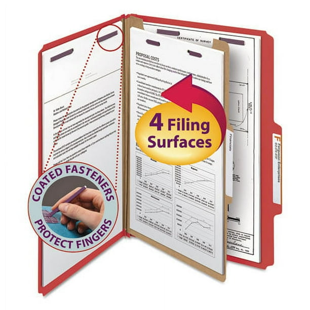 Four-Section Pressboard Top Tab Classification Folders, Four SafeSHIELD Fasteners, 1 Divider, Letter Size, Bright Red, 10/Box