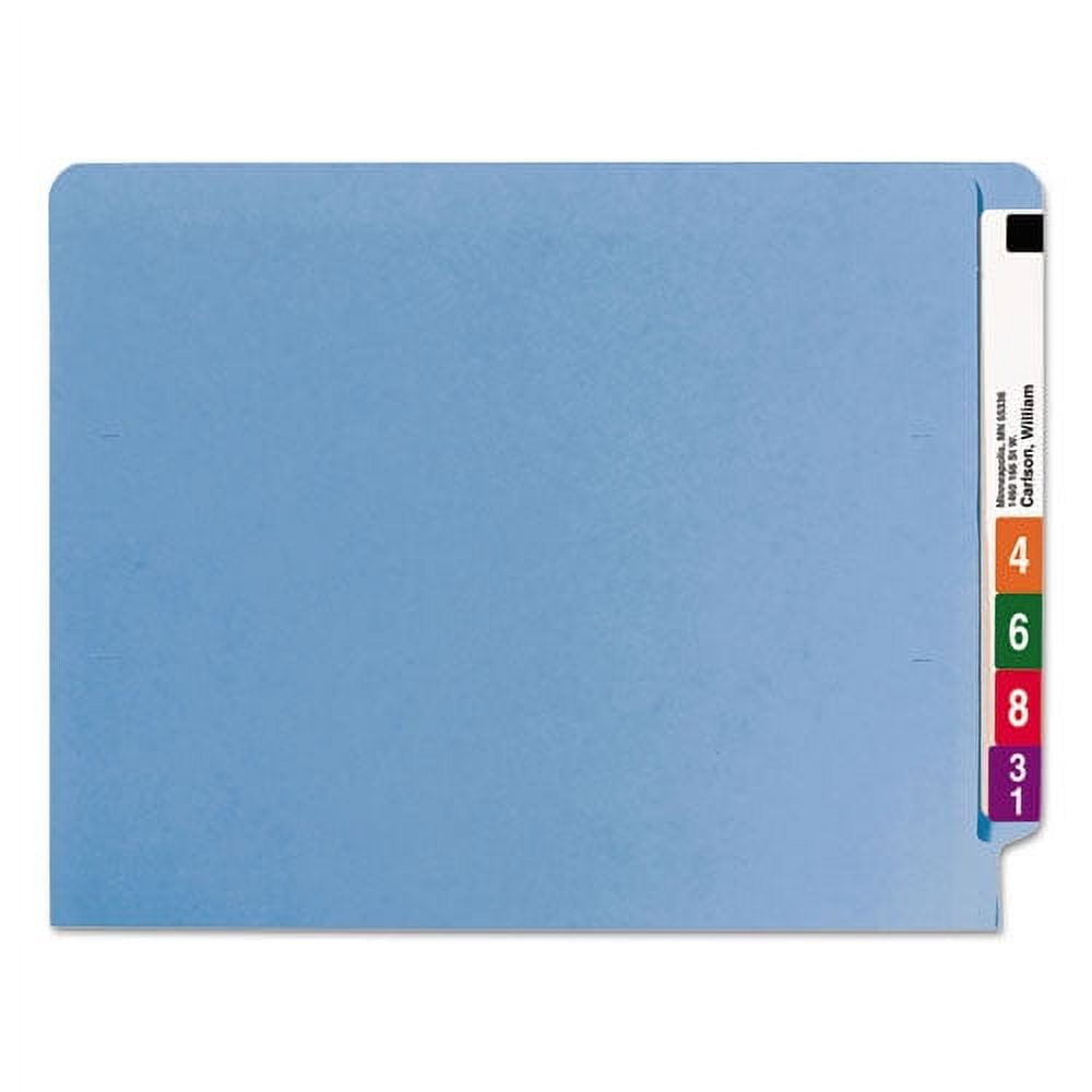 Smead Heavyweight Colored End Tab Fastener Folders, 2 Fasteners, Letter Size, Blue Exterior, 50