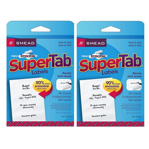 Smead Manufacturing SMD64917-2 Erasable Supertab File Folder Labels - 160 Count - Pack of 2