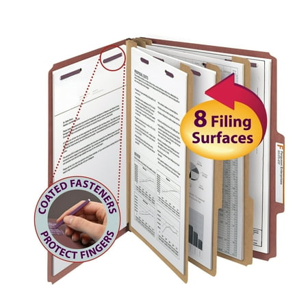 Smead Pressboard Classification File Folder with SafeSHIELD® Fasteners, 3 Dividers, 3" Expansion, Letter Size, Red, 10 each per Box (14092)
