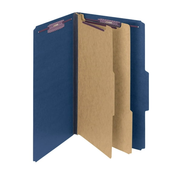 Smead Pressboard Classification Folders With SafeSHIELD Fasteners, 2 Dividers, Legal Size, 60% Recycled, Dark Blue, Box Of 10