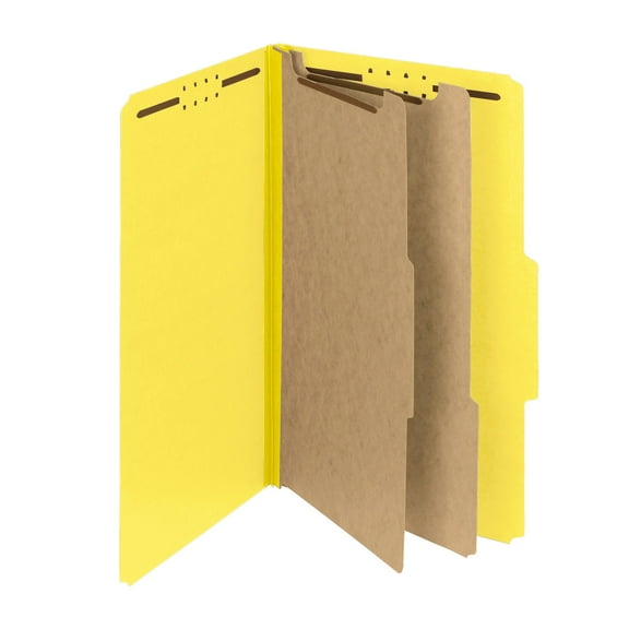Smead Pressboard Classification Folders With SafeSHIELD Fasteners, 2 Dividers, Legal Size, 60% Recycled, Yellow, Box Of 10