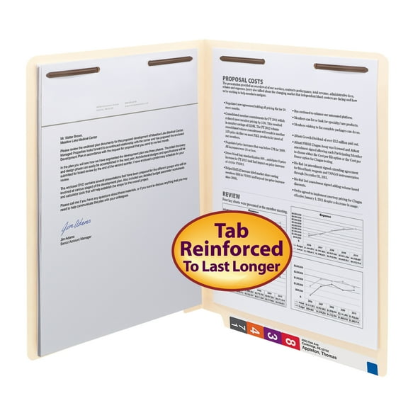 Smead(R) End-Tab Folders With 2 Fasteners, Straight Cut, Letter Size, Manila, Pack Of 50, 2BET2-150L-1&3