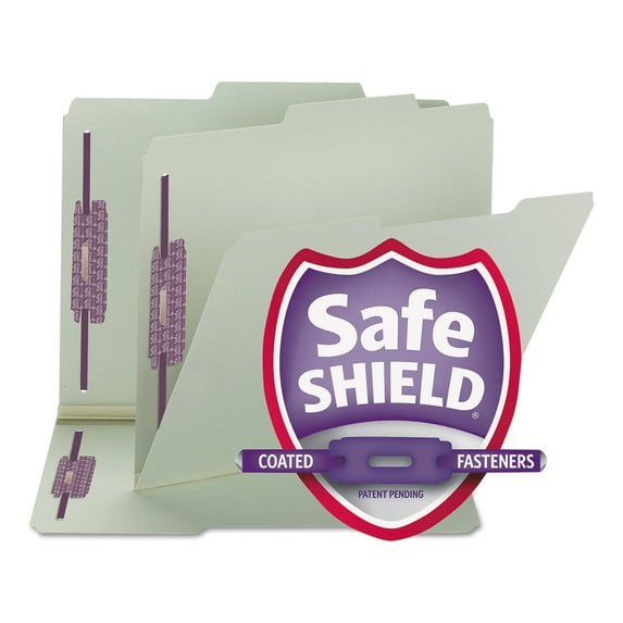 Smead Recycled Pressboard Folders w/Two SafeSHIELD Fasteners, 2/5-Cut Tab, Right of Center, 1" Exp, Letter Size, Gray-Green, 25/Box (14980)