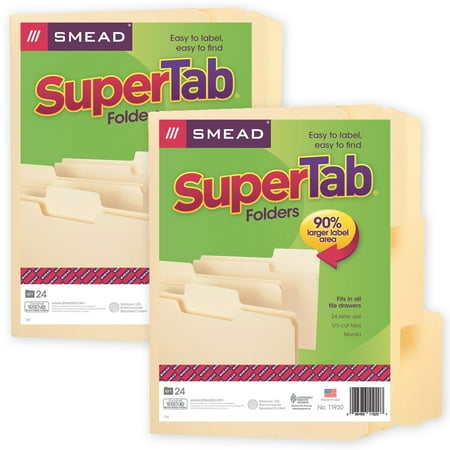 Smead SuperTab File Folder, Oversized 1/3-Cut Tab, Letter Size, Manila, 24 Per Pack, 2 Packs