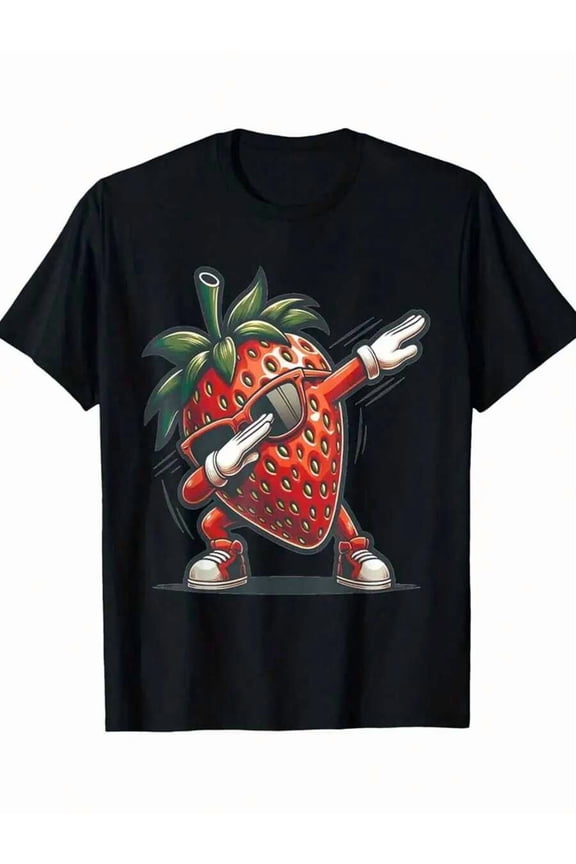 Smear Strawberry Fun Fruit Dance T-Shirt - Washed Cotton Short-Sleeved Crew Neck T-Shirt, Novel Design, Pure Cotton Boutique Versatile T-Shirt, The Perfect Choice For Summer Casual Wear 220g