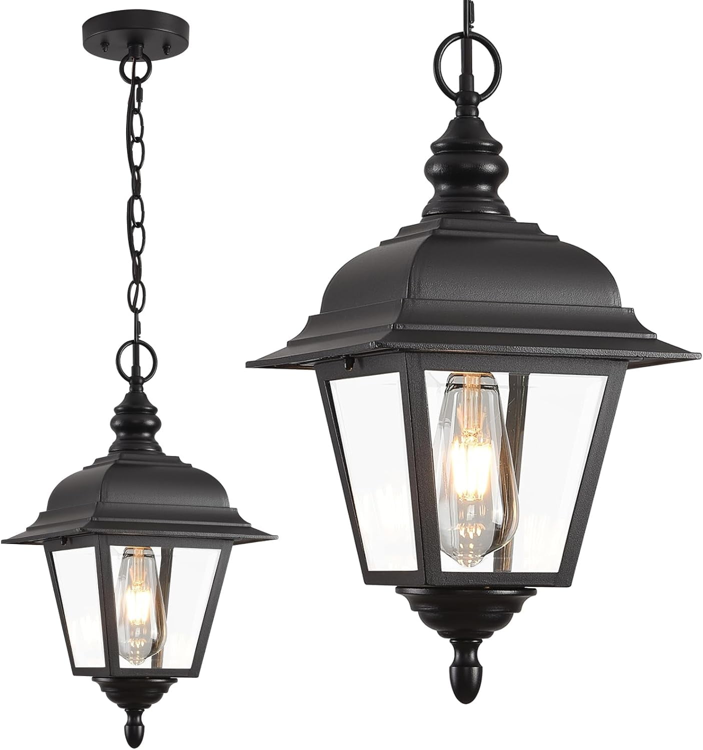 Smeike Outdoor Pendant Light, Large Hanging Porch Light, Black Exterior