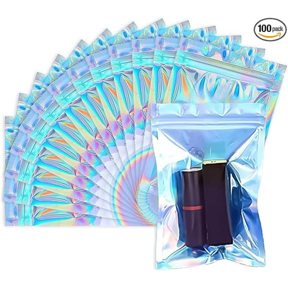 Smell Proof Bags, 3x4 inch Resealable Holographic Bags for Food Storage Candy & Jewelry Packaging (100 Pack)