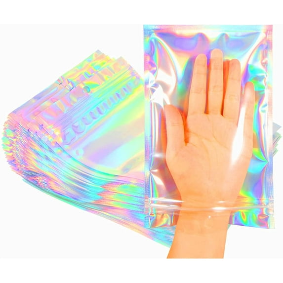 Smell Proof Bags & Resealable Foil Pouch Bag [100 PCS ] Great for Party Favor Food Storage (Holographic Color, 8 x 5.5 Inch)