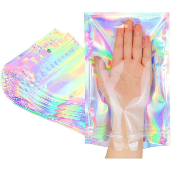 Smell Proof Bags & Resealable Foil Pouch Mylar Sample Bag Great for Party Favor Food Storage (Holographic Color) (50pcs-6x9 inch)