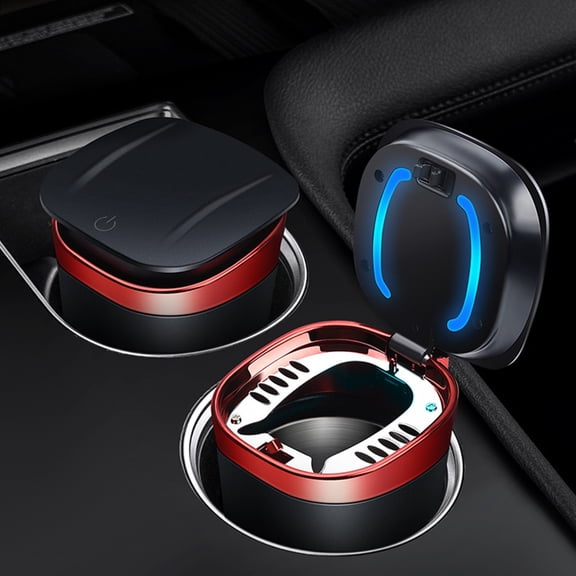 Smell-Proof Car Ashtray with Lid, Detachable Stainless Steel Design, LED Blue Light Indicator, Multi-Purpose for Car, Home, Office, Portable and Easy to Clean
