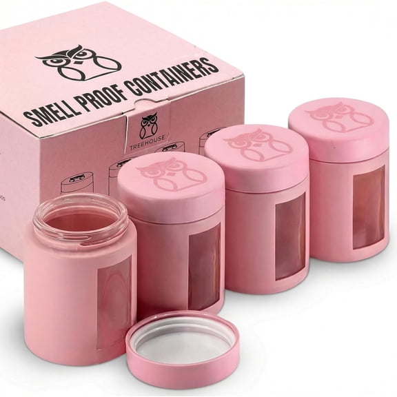 Smell Proof Containers (120mL), Jars with Airtight Lids for Herbs, Spices, Coffee and Tea, Air Tight Glass Storage Jars with UV Protection Glass, (Set of 4) (Matte Pink)