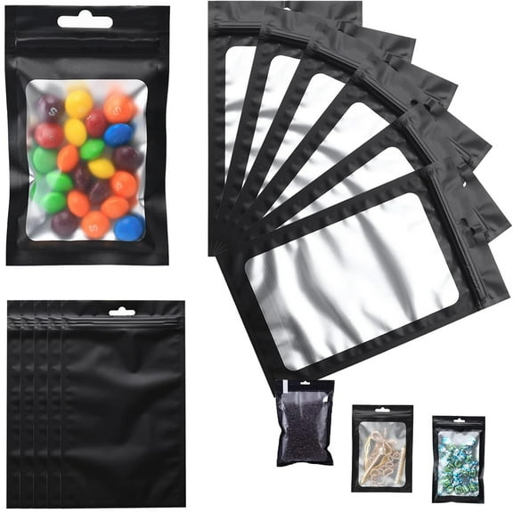 FungLam Smell Proof Mylar Bags Self Sealing Frosted Clear Window Aluminum Foil Bags for Packaging Food Storage Sample Cookies Jewelry (Black, 2.95×4.72 inches)