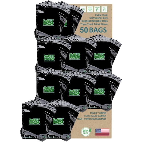 Smelly Proof 12x16" 4-Mil Reusable Food Storage Bags, BPA-Free, 2 Gallon, Triple Zip, Black, 50pk