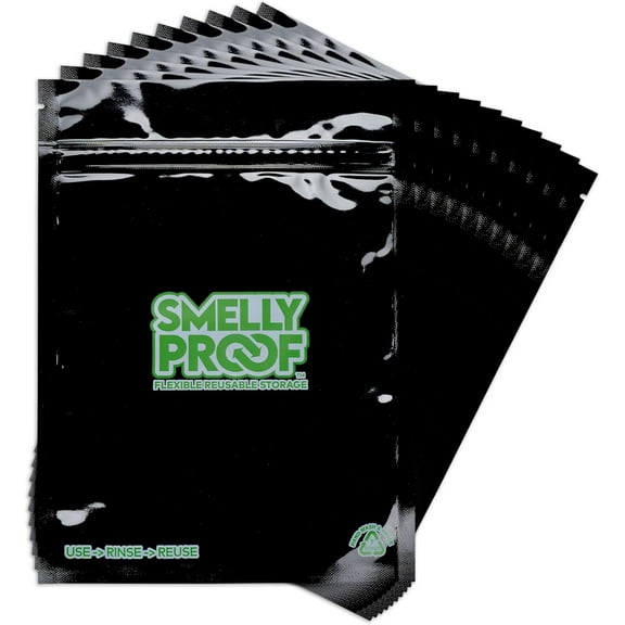 Smelly Proof 6.5x7.5" 4-Mil Reusable Food Storage Bags, Triple Zip, Black, 10pk