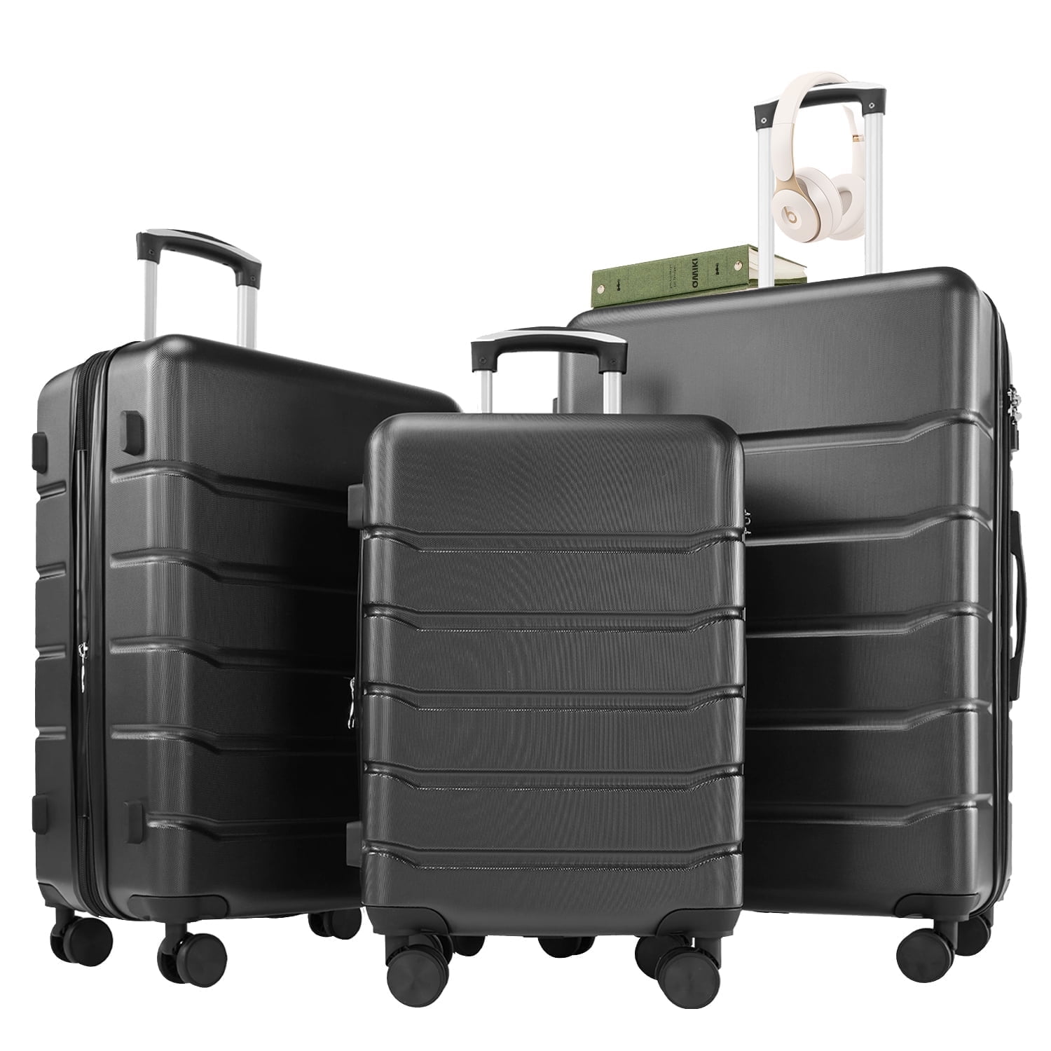 Beddle 3 Piece Hardshell Luggage Set Hardside Lightweight Suitcase with Spinner Wheels TSA Lock 20in 24in 28in,Black