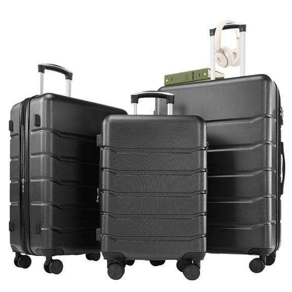 Smiaoer 3 Piece Hardshell Luggage Set Hardside Lightweight Suitcase with Spinner Wheels TSA Lock 20in 24in 28in,Black
