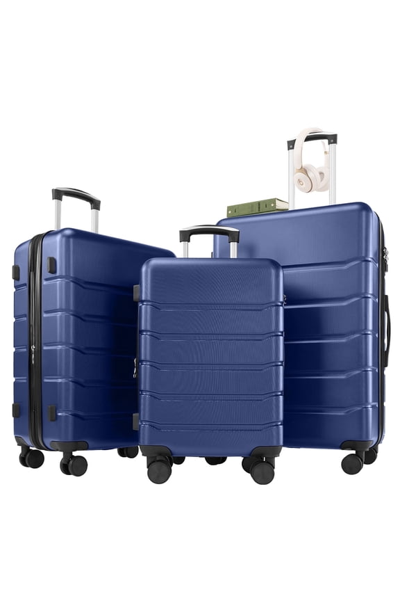3 Piece Hardshell Luggage Set Hardside Lightweight Suitcase with Spinner Wheels TSA Lock 20in 24in 28in,Blue