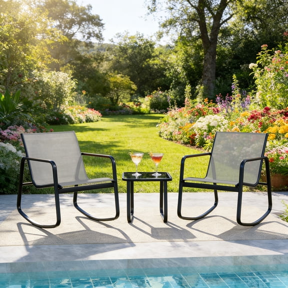 Beddle 3-Piece Outdoor Textilene Bistro Furniture Set Patio Conversation Set with Tempered Glass Top Table and 2 Rocking Chairs