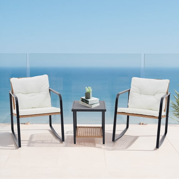 Smiaoer 3 Pieces Rocking Patio Furniture Set, Wicker Outdoor Chair Set with Coffee Table for Garden