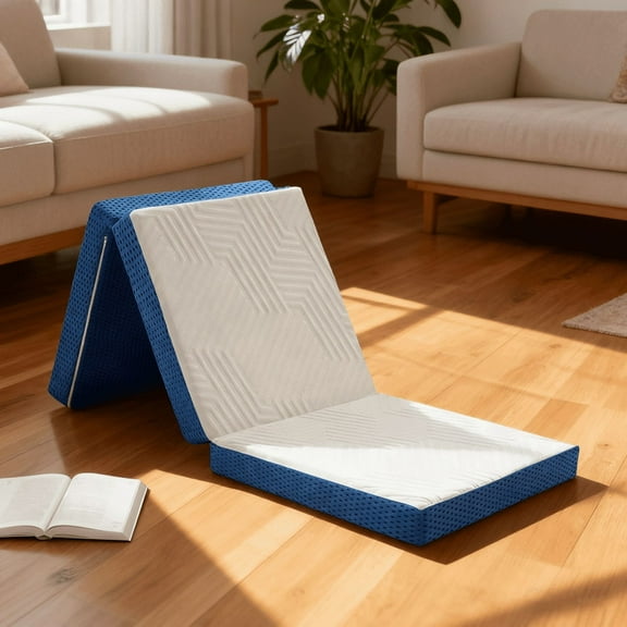 Beddle 4 inches Folding Queen Size Memory Foam Mattress with Cover,Tri-fold Portable Mattress Topper for Guest Bed,Camping