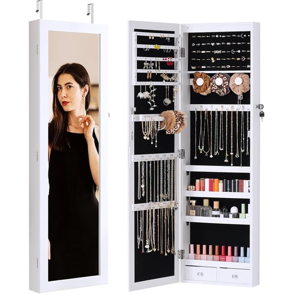Beddle Jewelry Cabinet with Full Length Clear Mirror Wall or Door-Mounted, Large Storage with 6 LEDs, White