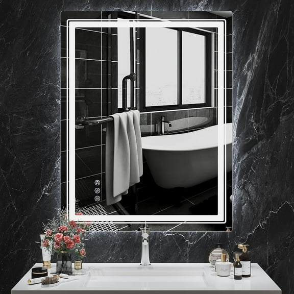 Smiaoer LED Lighted Bathroom Makeup Mirror, Anti-Fog Wall Mirrors for Bathroom Vanity,3-Color Dimmable Touch Button Rectangle,36"L x 28"W