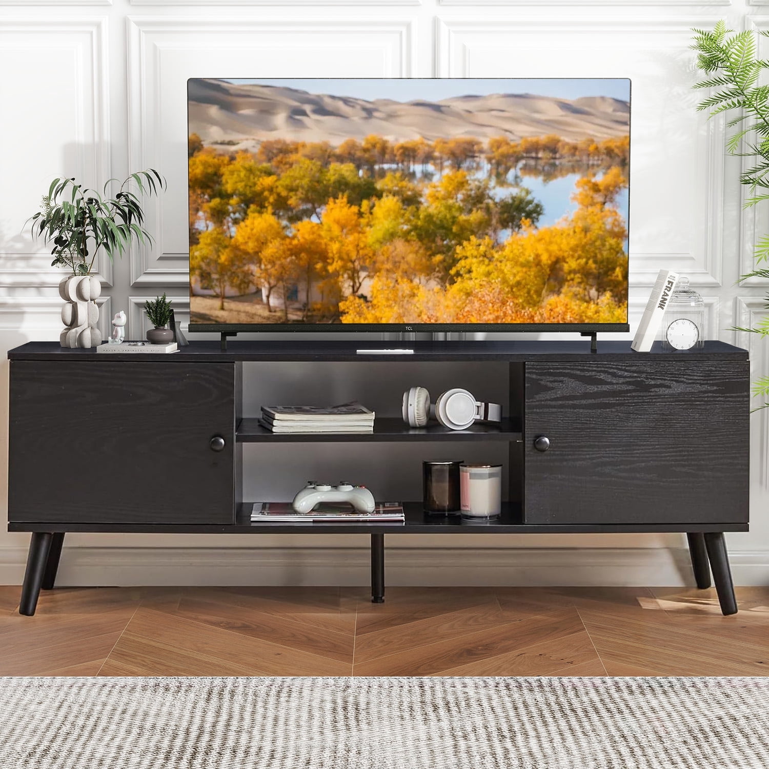 Beddle Modern TV Stand for 55 60 inch TV, Mid Century Entertainment Centre, Media Console Table with Storage for Living Room, Office, Black