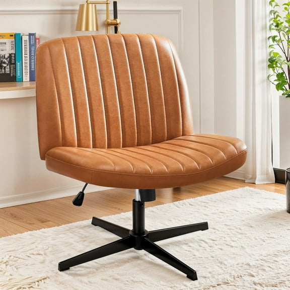 Smiaoer Office Chair No Wheels Criss Cross Legged Office Chair Armless PU Leather Desk Chair Wide Swivel Home Office Task Chairs,Brown