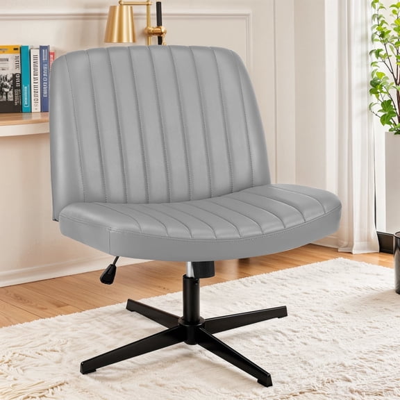 Smiaoer Office Chair No Wheels Criss Cross Legged Office Chair Armless PU Leather Desk Chair Wide Swivel Home Office Task Chairs,Gray
