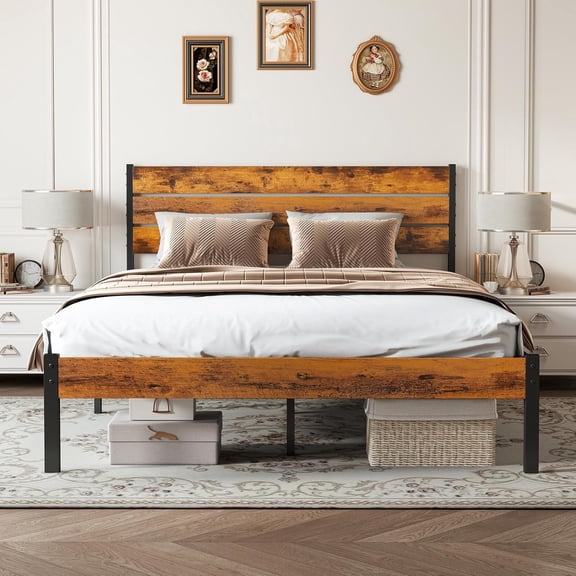 BEDDLE Queen Size Bed Frame with Headboard, 800LBS Mattress Foundation with All Sturdy Metal Support, Under Bed Storage, No Box Spring Needed, Easy Assembly, Rust Brown