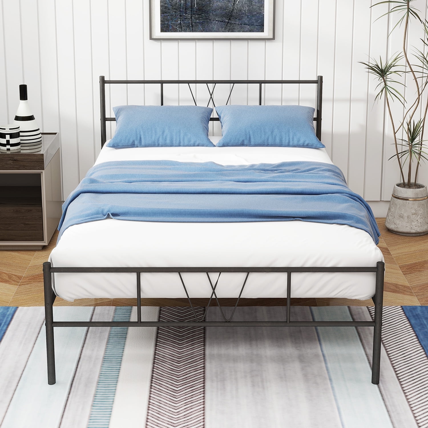 Twin Black Metal Platform Bed Frame with Headboard and Slats