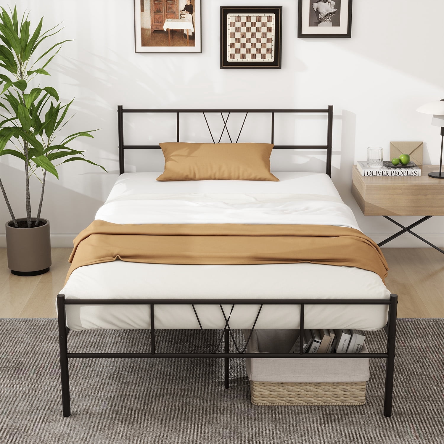 Smiaoer Twin Bed Frame with Headboard,12 Inch Heavy Duty Slat Metal Platform Bed Frame,No Box Spring Needed,Black
