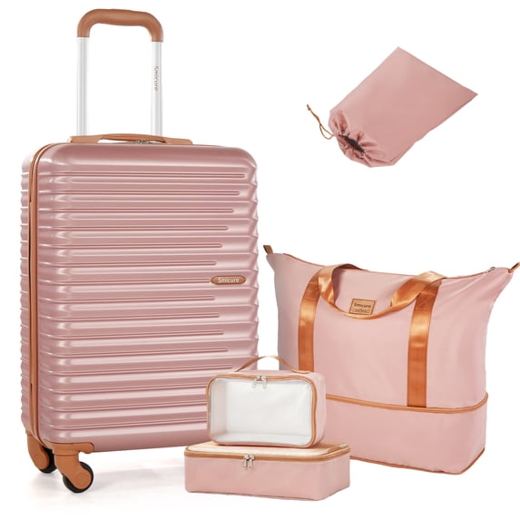 Smicure Carry On Luggage Set 5 Piece with Spinner Wheel, Hardside Lightweight Suitcase with Duffel Bag and Travel Essentials,RoseGold
