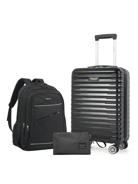 Carry On Luggage Sets 3 Piece with Spinner Wheel, Hardside Lightweight Business Suitcase with College Backpack and Travel Essentials, Black