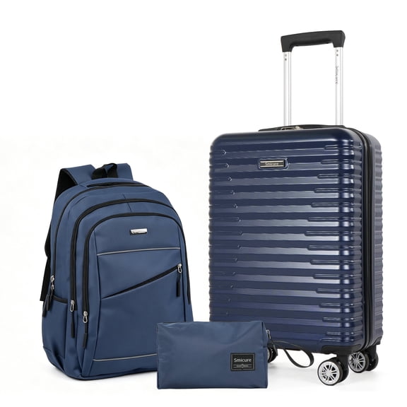 Smicure Carry On Luggage Sets 3 Piece with Spinner Wheel, Hardside Lightweight Business Suitcase with College Backpack and Travel Essentials, Blue
